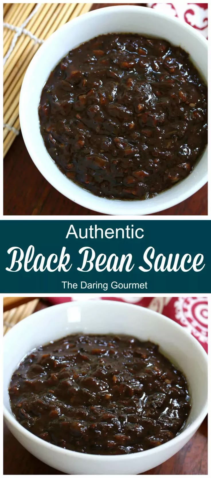 black bean sauce in a white bowl on top of a wooden table