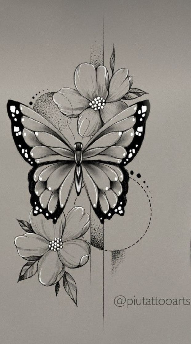 a drawing of a butterfly with flowers on it