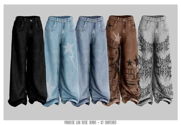 five pairs of jeans with different designs on them