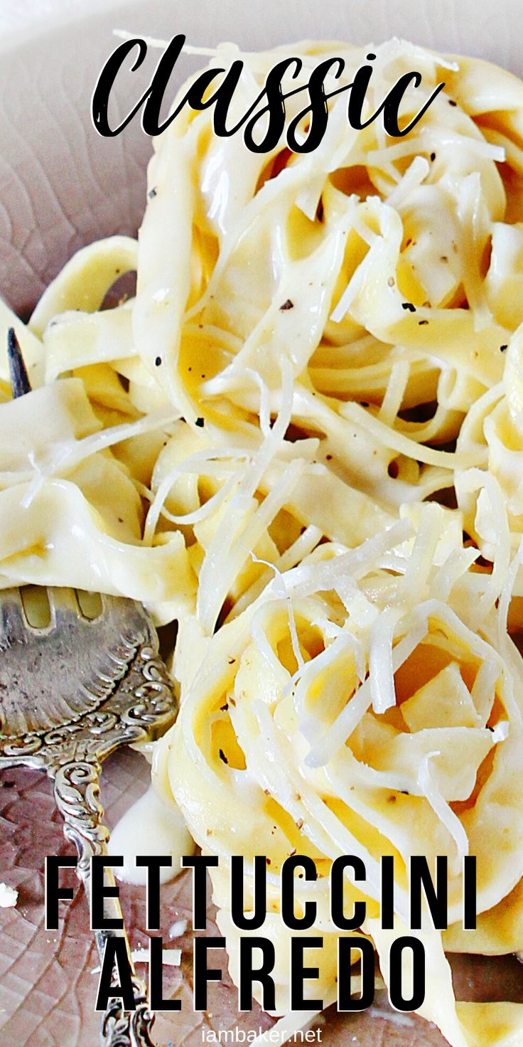 the cover of classic fettuccini alfredo on a plate with a silver spoon