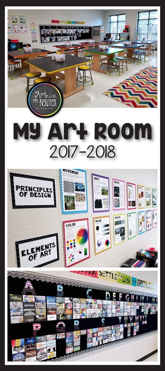 the front and back cover of my art room, with pictures hanging on the wall