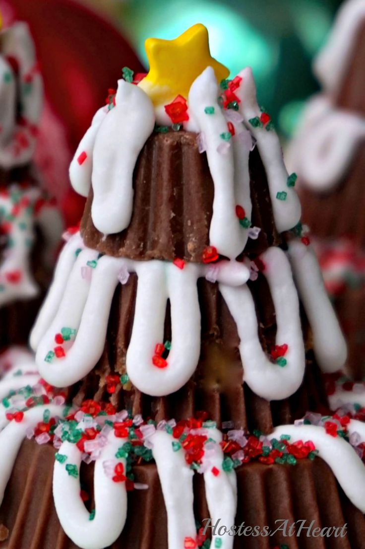 chocolate christmas tree with white icing and sprinkles