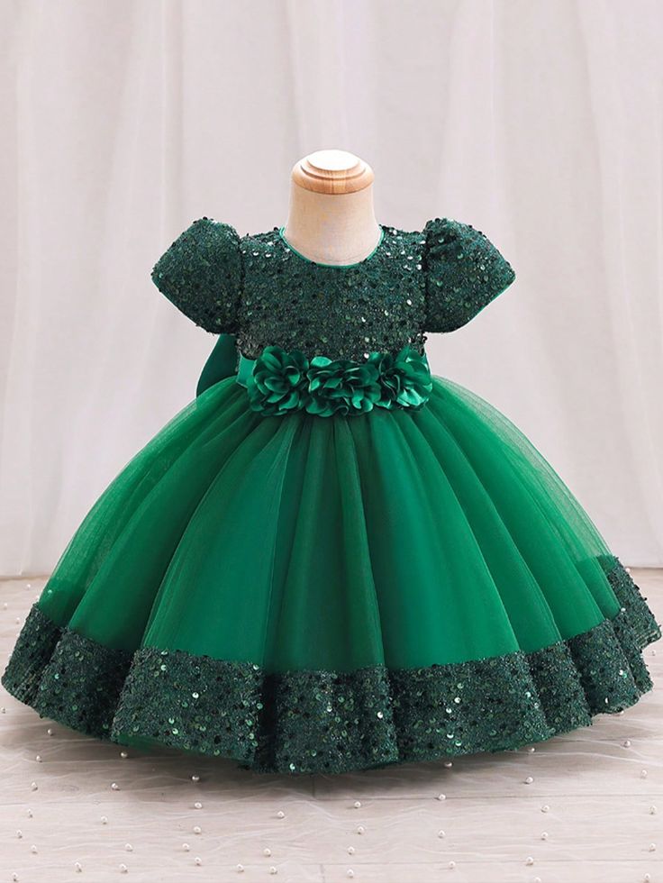 Baby Girl 3D Floral Appliques Sequin Detail Big Bow Back Mesh Gown Dress Dark Green   Short Sleeve Woven Fabric Plain,Plants Fit and Flare Slight Stretch All Baby Girls Clothing, size features are:Bust: ,Length: ,Sleeve Length: 파티 드레스, Sequin Party Dress, Princess Style, Girls Party Dress, Toddler Girl Dresses, Girls Party, Flower Girl Dress, Types Of Dresses, Toddler Dress