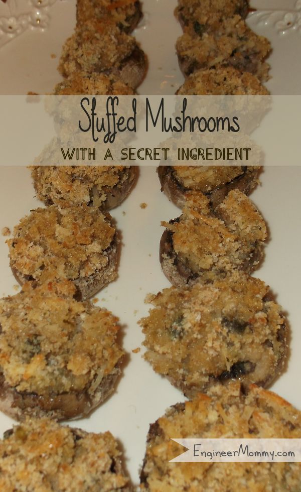 stuffed mushrooms with a secret ingredient in them on a white plate and text overlay that reads stuffed mushrooms with a secret ingredient in it