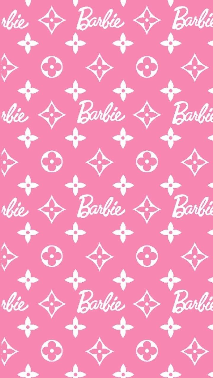 a pink wallpaper with white and black symbols on it, including the word barbie