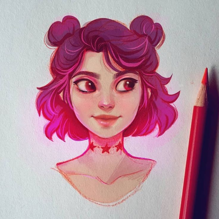 a drawing of a girl with pink hair and big eyes, holding a red pencil