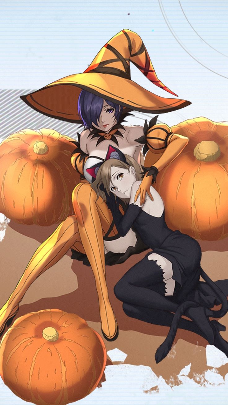 two anime characters sitting on the ground with pumpkins