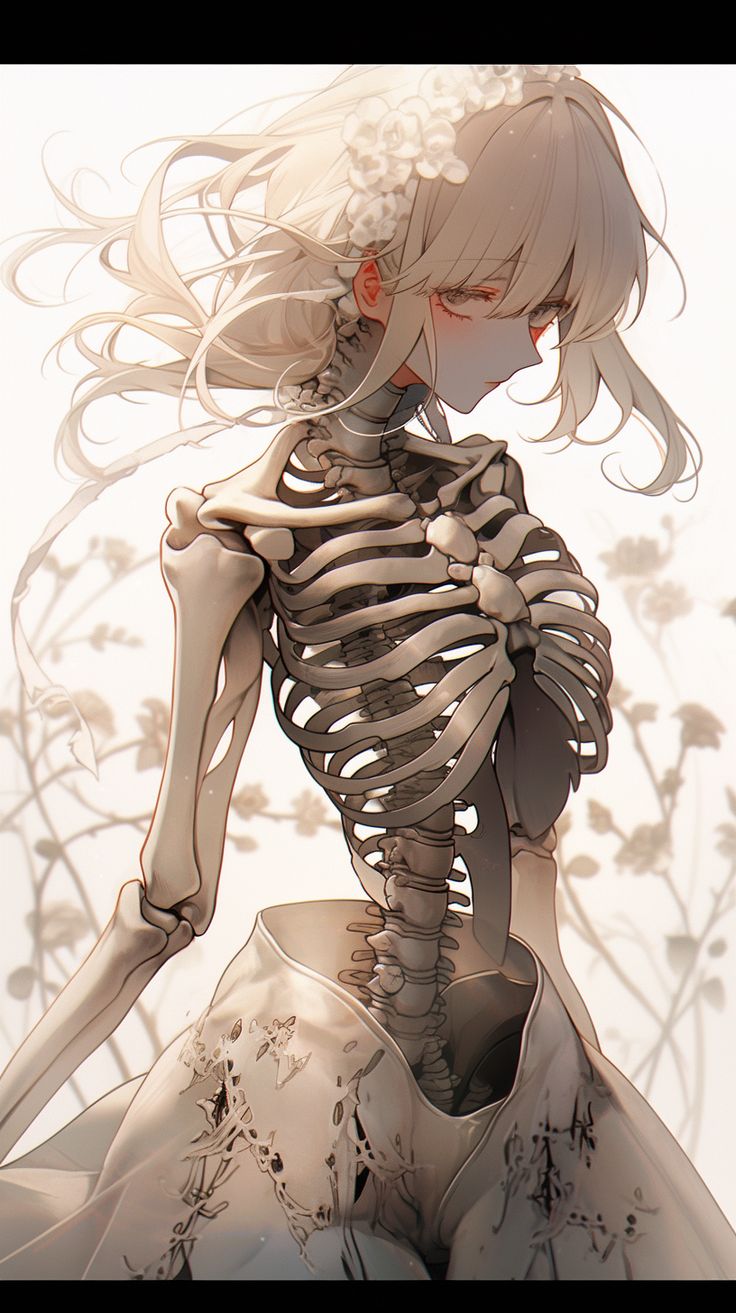 a skeleton girl with long white hair in a dress