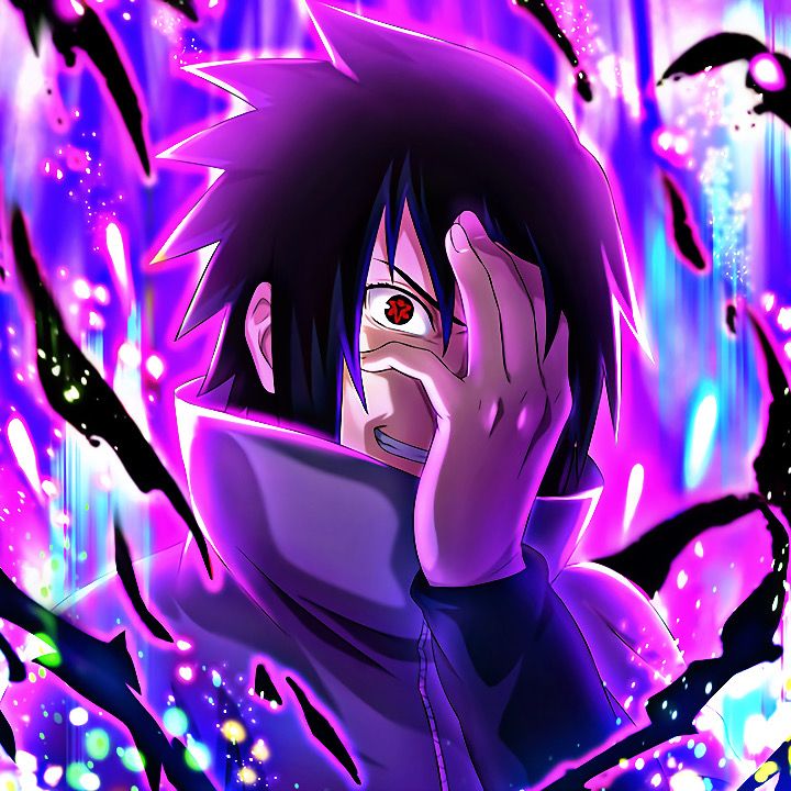 an anime character holding his head in front of purple and blue background with birds flying around