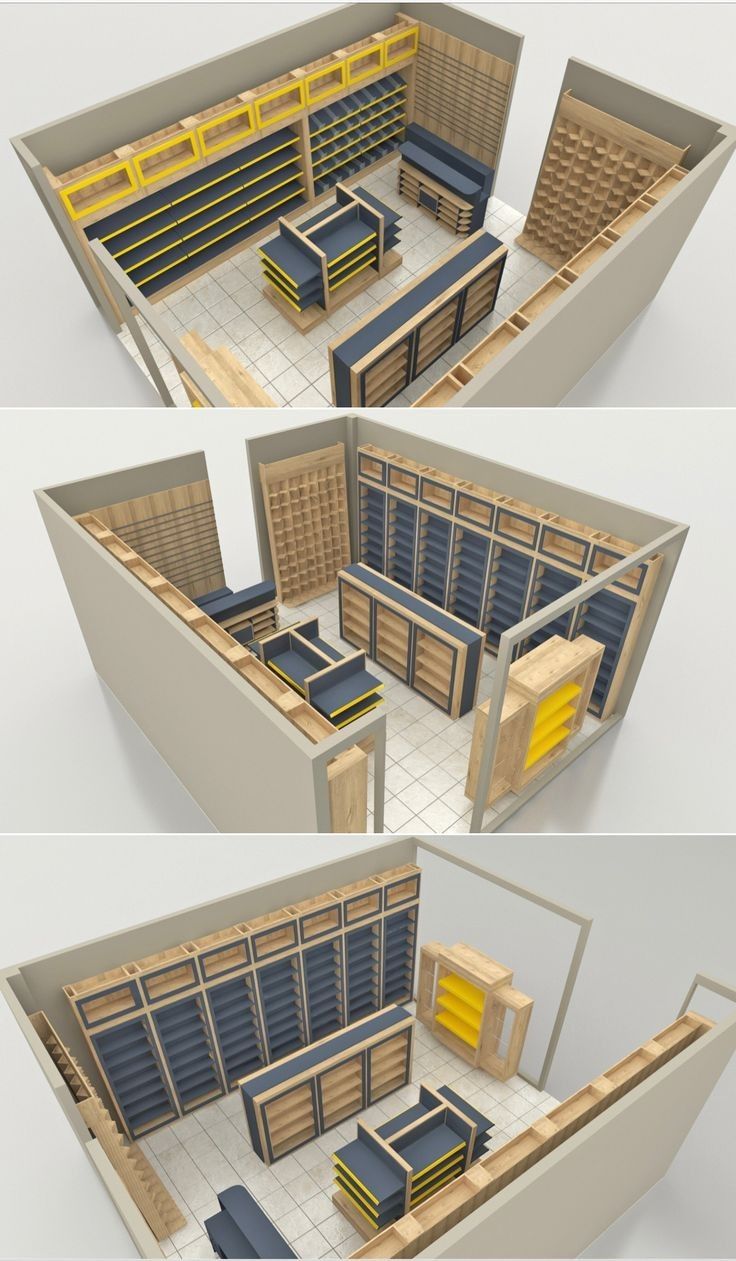 three views of the inside of a room with shelves and cabinets in different stages of construction