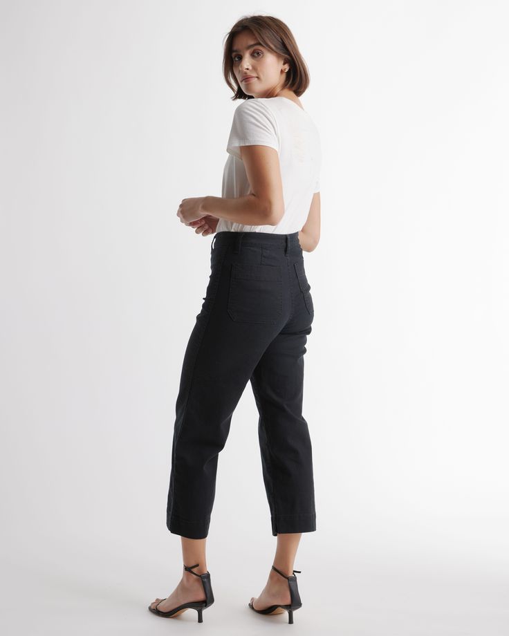 Comfy. Cotton. Crop. Our stretch cotton twill wide legs perfectly pair with a shorter top, and the organic cotton twill has a softer handfeel. With a flattering, cropped length and a wide leg, they're soft and stretchy for ideal comfort and fit.  | Quince | Women's Cropped Wide-Leg Chino Pants in Black, Stretch Cotton Twill, Size 30 Wide Leg Cotton Workwear Bottoms, Chic Cropped Cotton Jeans With Tapered Leg, Fall Cotton Wide Leg Pants With Straight Hem, Cotton Wide Leg Pants With Straight Hem For Fall, Chic Cropped Tapered Leg Cotton Jeans, Wide Leg Cotton Bottoms For Work, Cotton Wide Leg Work Pants, Wide Leg Cotton Work Pants, Versatile Cotton Cropped Leg Jeans