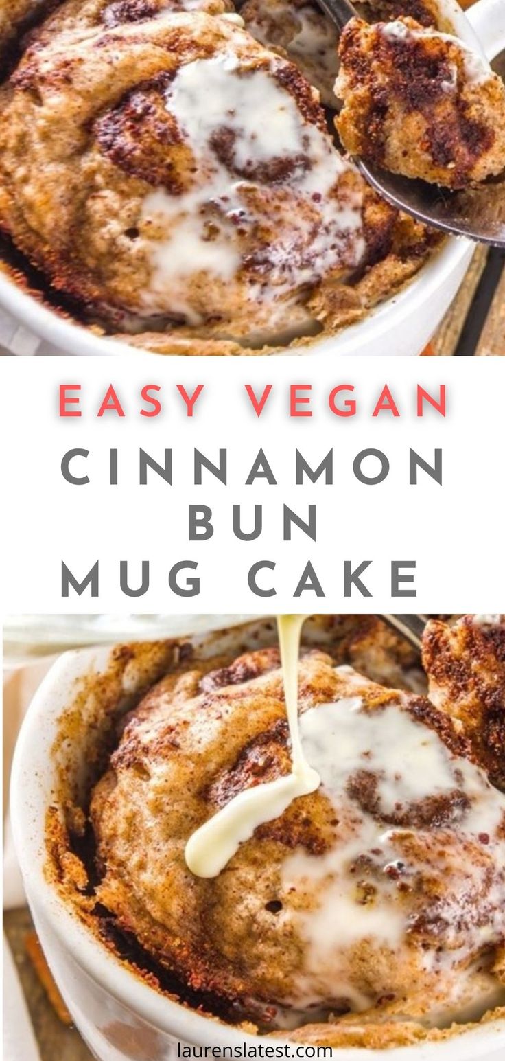 an easy vegan cinnamon mug cake is being drizzled with icing