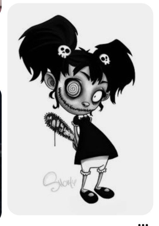 a black and white drawing of a girl with two skulls on her head holding a brush