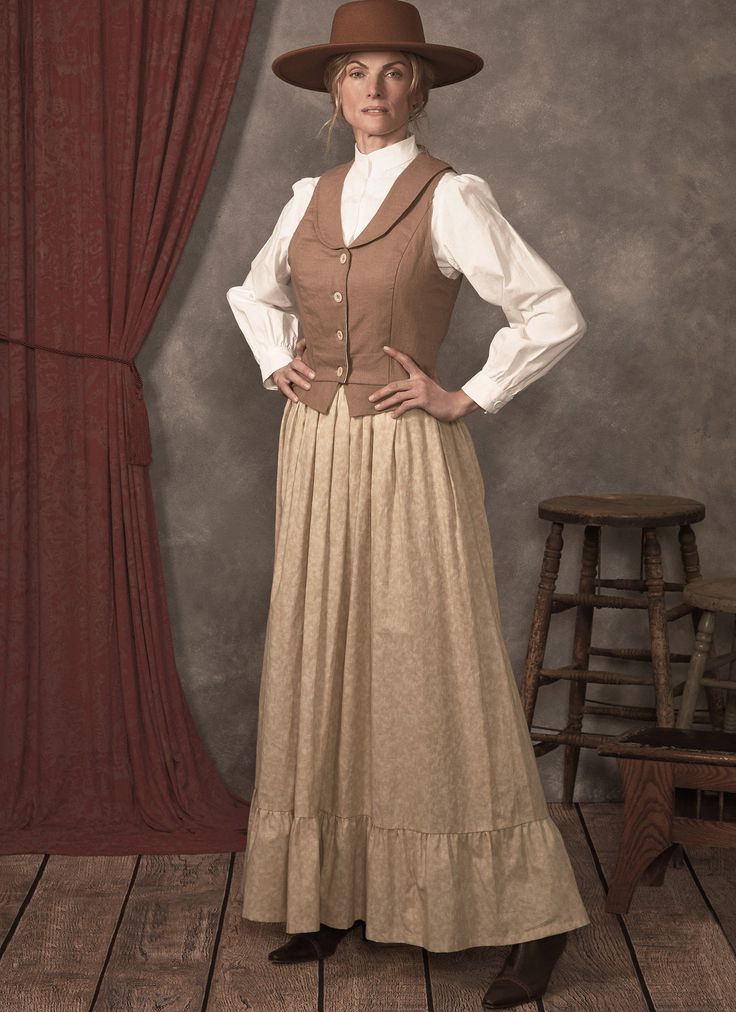 New for 2023! Your Choice / uPick / You Pick: circa 1880's Misses Western Historical Period Costume Sewing Patterns (see my other sales for the two corresponding Men's patterns) M8397 - BLOUSE & DAY SKIRT - Top is darted in the front and has princess seams in back. Three-quarter sleeves are trimmed with lace and ribbon bow. Top buttons at the front, is boned at the sides and back, and has lace trim at the neck and collar. Long A-line skirt has rows of eyelet and ribbon trims. The skirt and bustl Margaret Dutton, Old Western Outfits Women, Wild West Outfits, Wild West Costumes, Wild West Cowgirl, Sadie Adler, Long A Line Skirt, Western Wild, Costume Sewing