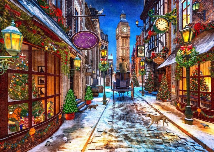 a painting of a city street with christmas decorations on the windows and lights hanging from buildings