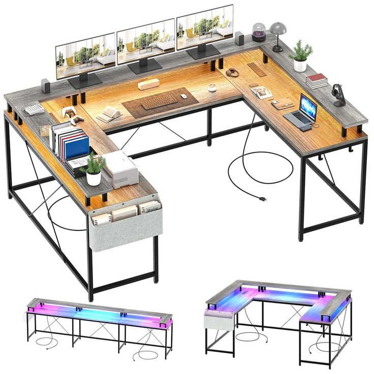 a computer desk with multiple computers on top of it and two benches underneath the desk