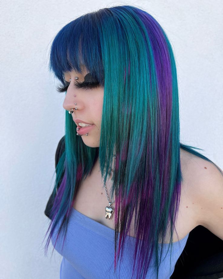 Teal And Purple Split Dye, Purple And Turquoise Hair Highlights, 2 Hair Colors Ideas Dyes, Light Blue Hair With Dark Roots, Blue Hair With Purple Tips, Colorful Blonde Hair, Dark Vivid Hair, Cool Hair Color Combos, Fun Hair Colors For Summer