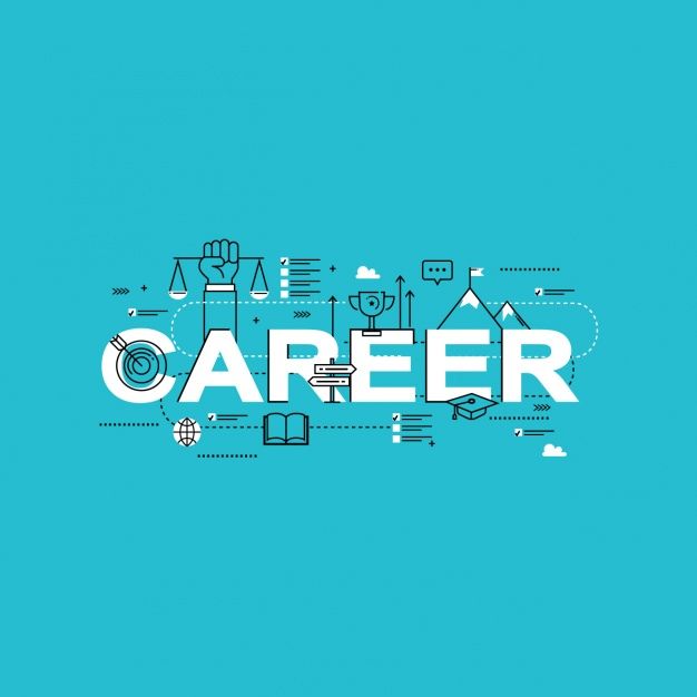 the word career is surrounded by icons and symbols on a blue background with white lettering