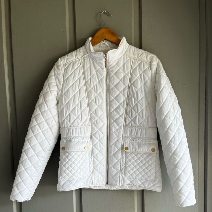 Beautiful Condition No Callouts White Quilted Jacket For Spring, White Fitted Quilted Jacket For Fall, Fitted White Quilted Jacket With Long Sleeves, White Quilted Winter Jacket For Cold Weather, White Quilted Jacket For Winter Cold Weather, Casual Quilted Winter White Outerwear, Winter White Quilted Jacket For Cold Weather, Casual Quilted Outerwear In Winter White, White Winter Outerwear For Work