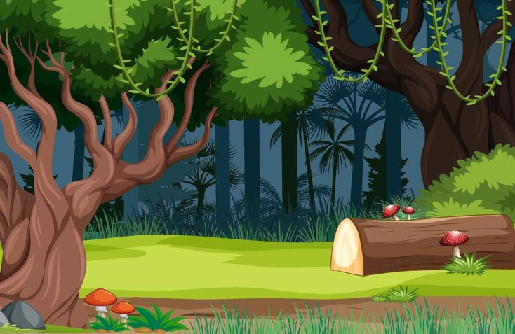 a forest scene with mushrooms and trees