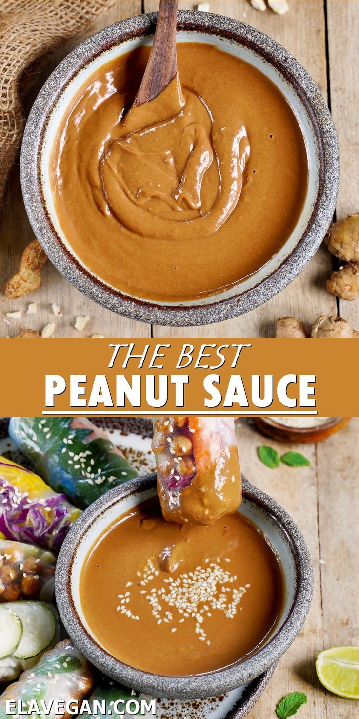 a bowl filled with peanut butter and sauce next to other foods on a wooden table