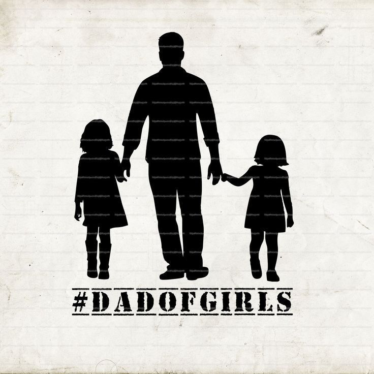 the silhouette of a man and two children holding hands, with the words dadgirls on it