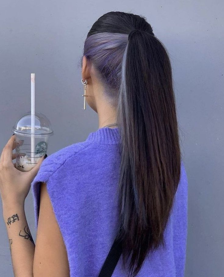 Underside Purple Hair, Under Color Hair Ideas For Short Hair, Lavender Hair Underneath, Undercolours Hair, Green Underlights, Lavender Peekaboo Hair, Dyed Ends Of Hair Brunettes, Hidden Color Hair, Underside Hair Dye