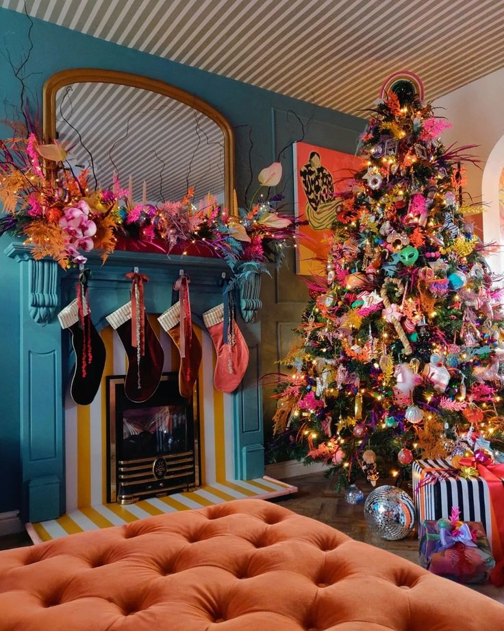 a living room decorated for christmas with a brightly colored tree and colorful decorations on the mantle