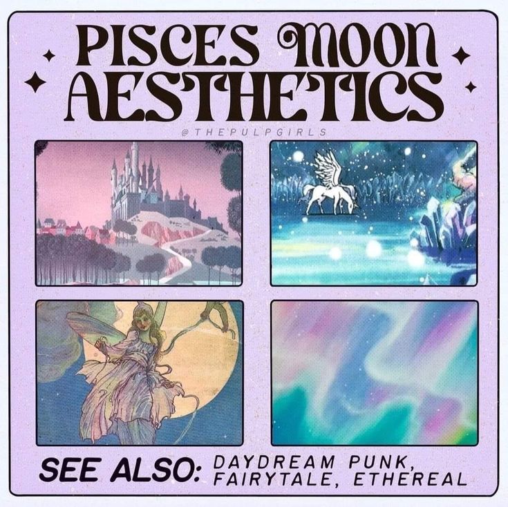 an advertisement for pisces moon aesthetics with images of fairy tale characters and the words see also fairytale ethereal