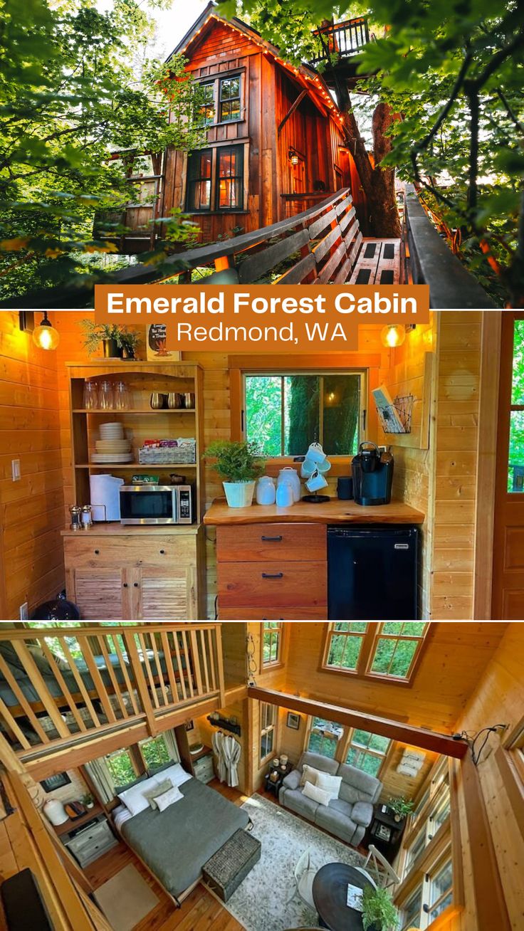 the inside and outside of a small cabin