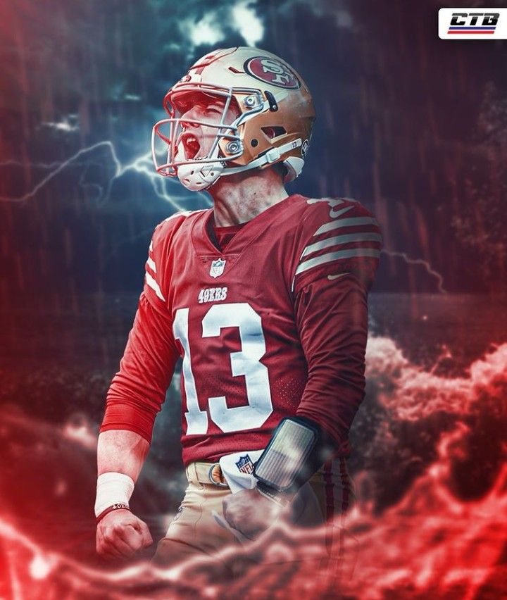 a football player wearing a red uniform with lightning in the background and an image of his helmet