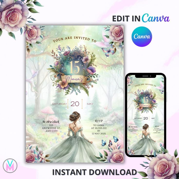 Enchanted Garden 15th Birthday Invitation - Editable in Canva Celebrate a milestone in magical style with our Enchanted Garden themed 15th Birthday Invitation! 🌸✨ This instant download invitation is fully editable in Canva, giving you the freedom to personalize your special event details with ease. Features: Instant Access: Edit your invitation immediately after purchase. Fully Customizable: Change text, fonts, and colors to match your party theme. High-Quality Design: Elegant floral and garden Enchanted Forest Theme Quinceanera Invitations, Enchanted Forest Theme Quinceanera, Enchanted Garden Birthday, Quince Invitations, Quinceanera Invitation, Garden Birthday, Garden Fairy, Quinceanera Invitations, Garden Elements