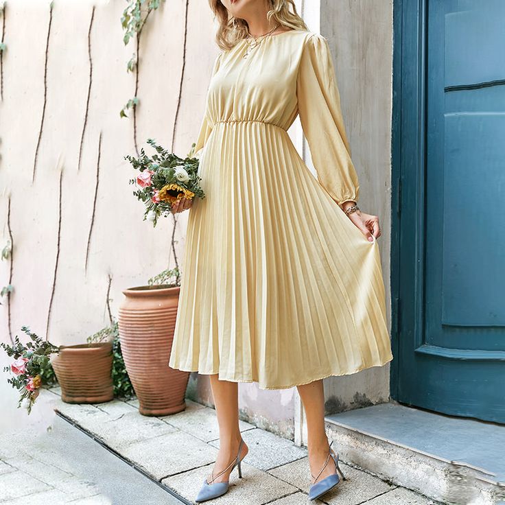 Product information:Style: Mori Girlpattern: plainStyle: cardiganCombination form: single pieceSkirt length: long skirtSkirt type: pleated skirtWaist type: high waistPopular elements: foldsColor: light yellowSize: S. M. LSize Information:Size: S. M. L Yellow Pleated A-line Midi Dress, Fall Beige Pleated Midi Dress, Elegant Yellow Pleated Dress, Elegant Pleated Skirt For Brunch, Elegant Yellow Pleated Skirt For Summer, Casual Pleated Cream Dress, Elegant Yellow Pleated Summer Skirt, Casual Cream Pleated Dress, Beige Pleated Midi Dress For Party