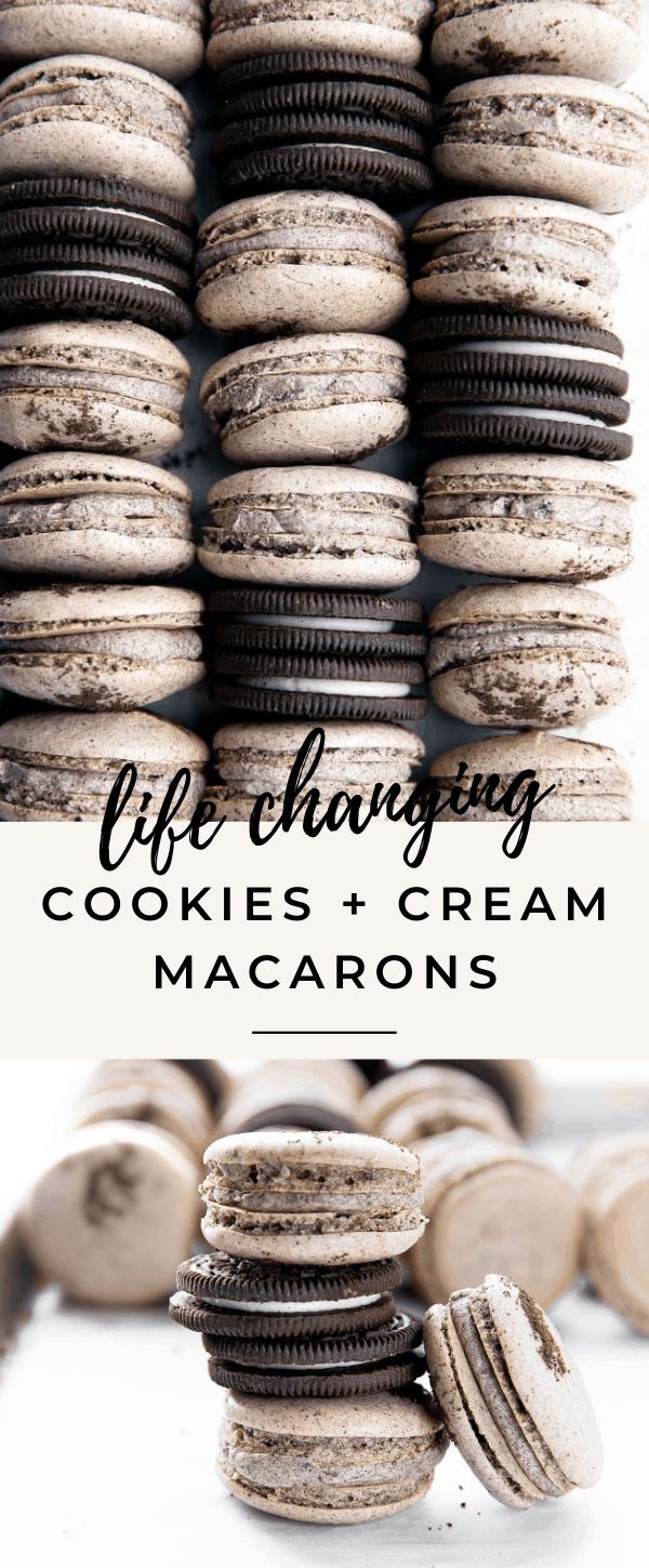 cookies and cream macarons stacked on top of each other with text overlay