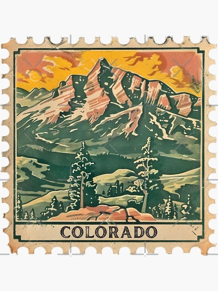 a postage stamp with the words colorado on it and mountains in the backgroud