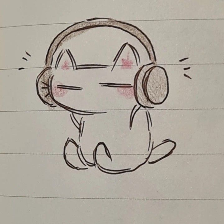 a drawing of a cat with headphones sitting on top of a piece of paper