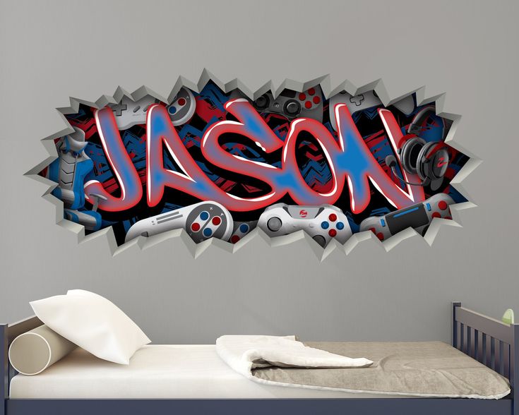 a wall decal with the word jason in red, white and blue graffiti on it