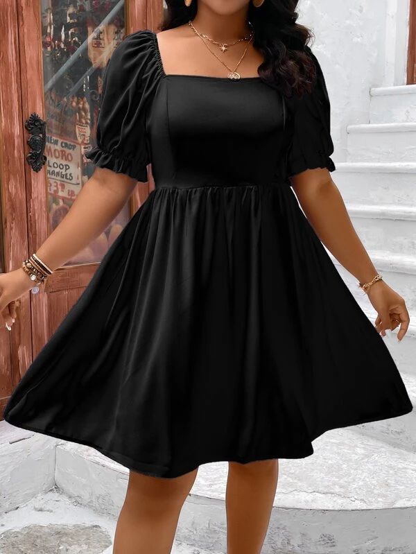 Plus Square Neck Puff Sleeve Dress | SHEIN USA Plus Size One Piece Dress, Square Neck Frock Designs, Black One Piece Dress For Party, Dress Big Size Party, Plus Size Graduation Dress, Clothes For Beach, Black One Piece Dress, Square Neck Puff Sleeve Dress, Plus Size Homecoming Dresses