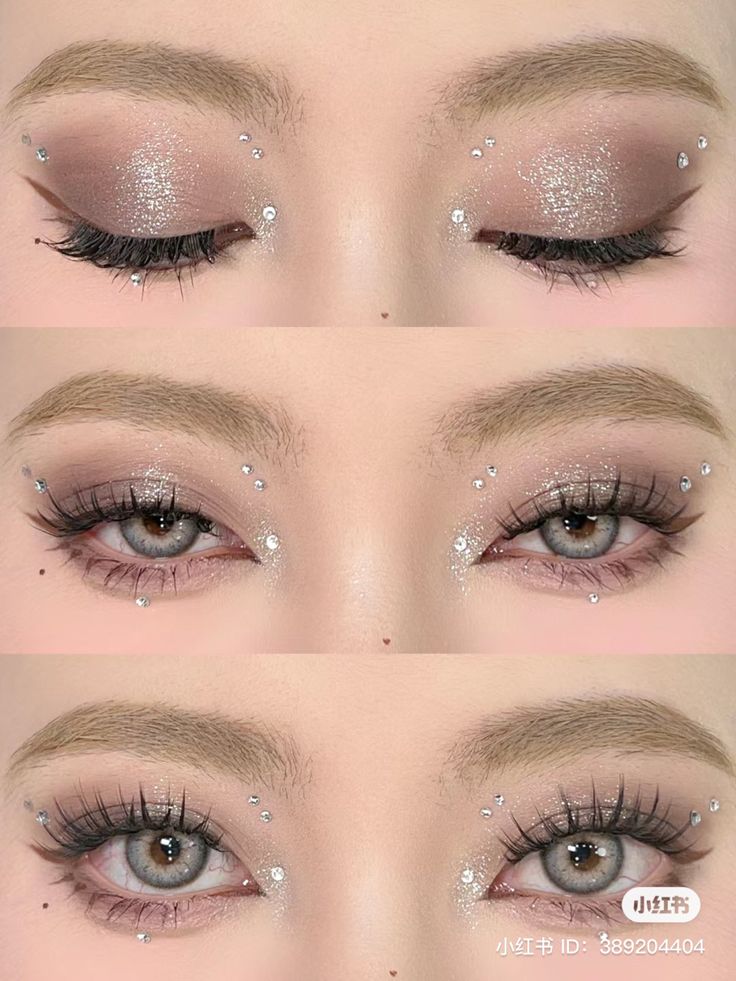 Festival Eye Gems, Makeup For Beige Outfit, Jeweled Makeup Looks, Make Up With Strass Glitter, Rhinestone Face Makeup, Makeup Strass Eye, Strass Makeup Eyes, Pearl Makeup Looks, Pearl Eye Makeup