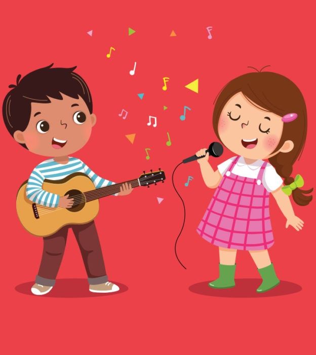 a boy and girl singing into a microphone