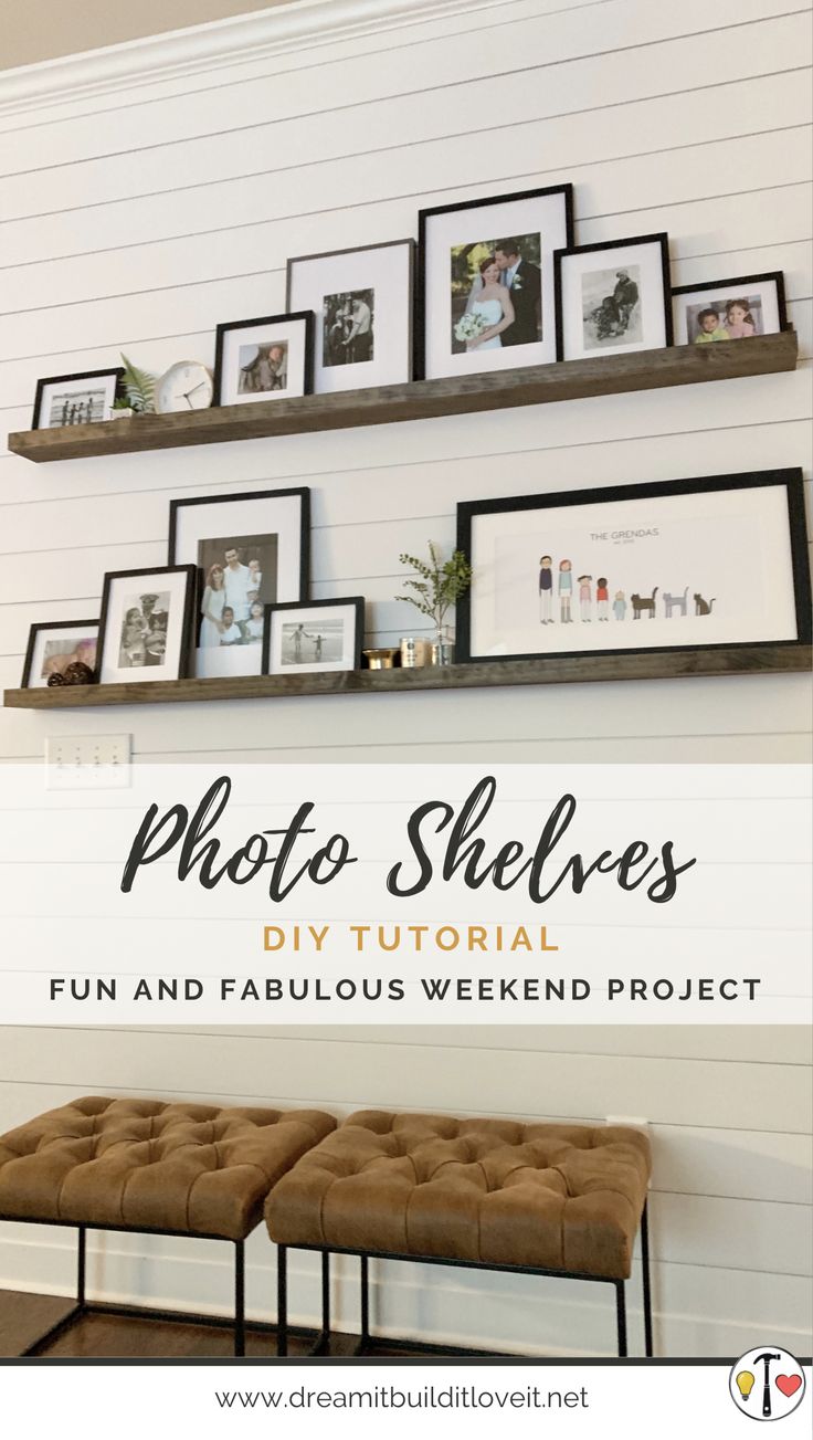 some shelves with pictures on them and the words photoshelves diy tutorial fun and