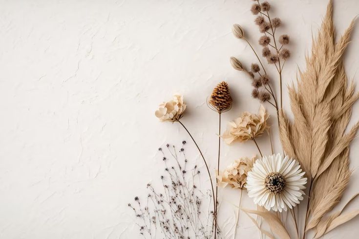 dried flowers and grasses against a white wall