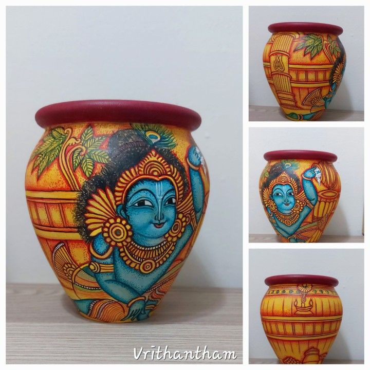 Krishna Stealing Butter on clay pot
Acrylic on Clay Pot Terracotta Painting, Pot Painting Ideas, Diy Pottery Painting, Pot Art, Pot Painting, Kerala Mural Painting, Pot Design, Pottery Painting Designs, Designer Saree Blouse Patterns