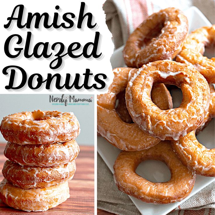 an assortment of glazed donuts on plates and napkins with the words, amish glazed donuts