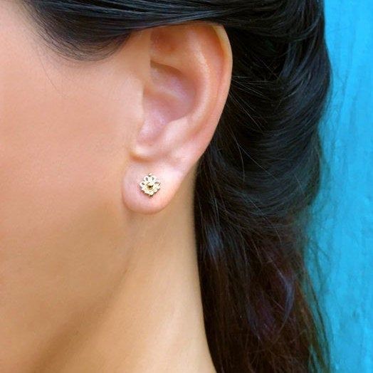 "Unique, small, Indian style stud earrings, made of 14k solid gold in lotus shape, the perfect bohemian jewelry. The ultimate way to add an ethnic and Indian touch to your look and feel. My solid gold collection has an exotic, wild tribal style, and cleanliness modern western style. Together they create a daring yet delicate look. The collection is handmade and handcrafted from high-quality solid gold. Each item is made to order with my deepest love and passion- especially for you. ✮ All gold us Dainty Gold Cluster Earrings In Sterling Silver, 14k Gold Cluster Earrings For Gift, Hypoallergenic Gold Cluster Earrings As Gift, 14k Gold Pierced Cluster Earrings As Gift, Dainty Sterling Silver Cluster Earrings For Pierced Ears, Dainty Cluster Earrings For Anniversary, Dainty Sterling Silver Cluster Earrings, Dainty Gold Cluster Earrings Hypoallergenic, Dainty Gold Hypoallergenic Cluster Earrings