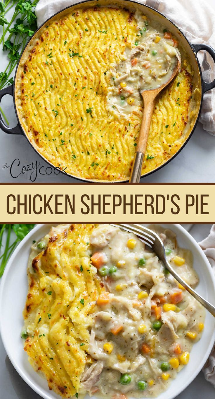 Chicken Shepherd's pie in a skillet on and also on a plate with a mix of vegetables Dinner Idea With Chicken, Chicken Shepherd's Pie, Chicken Pie Recipe, Chicken Mashed Potatoes, Leftover Chicken Recipes, Potato Dinner, With Mashed Potatoes, Easy Pie Recipes, Mashed Potato Recipes