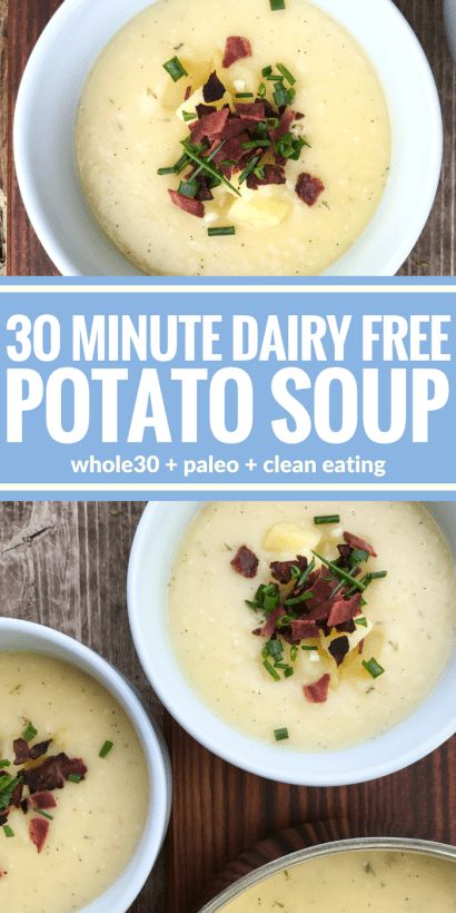 three bowls filled with potato soup on top of a wooden table