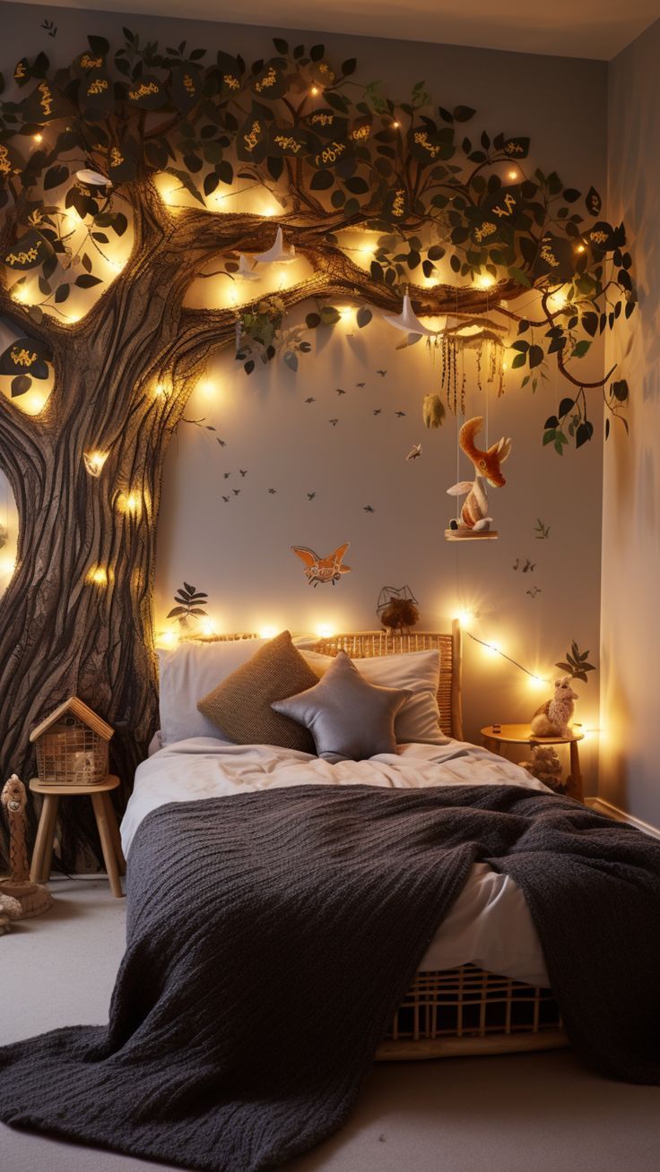 Kids Room Idea Forest Kids Room, Forest Bedroom, Forest Room, Fairy Bedroom, Fairy Room, Tree Mural, Baby Room Inspiration, Nursery Room Inspiration, Baby Room Design