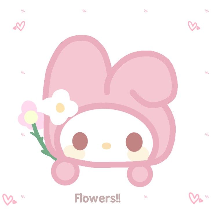 a cute pink bunny with flowers in its mouth and the words flowers written on it