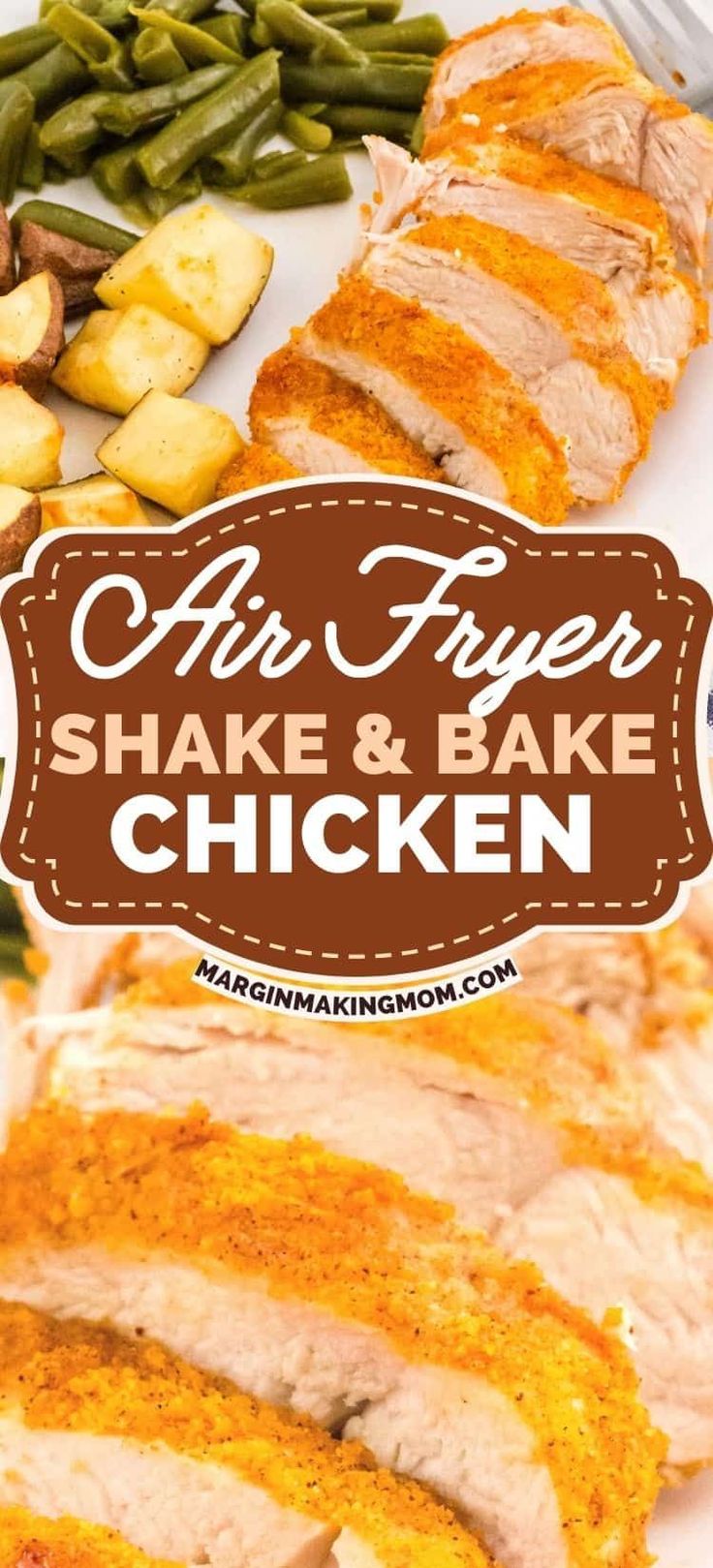 air fryer shake and bake chicken on a white plate with green beans, potatoes and carrots